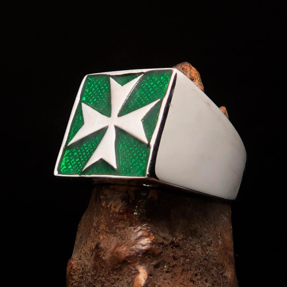 Order of Malta Commandery Ring - Green & Silver Cross Sterling Silver