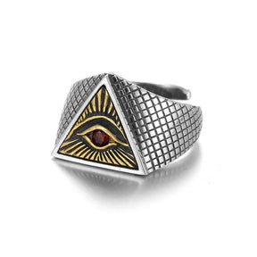 Eye Of Providence Ring - Silver & Gold Adjustable All Seeing Eye Red Stone - Bricks Masons