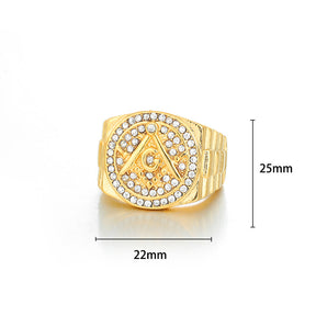 Master Mason Blue Lodge Ring - Gold Rhinestones Square & Compass G Ring - Bricks Masons