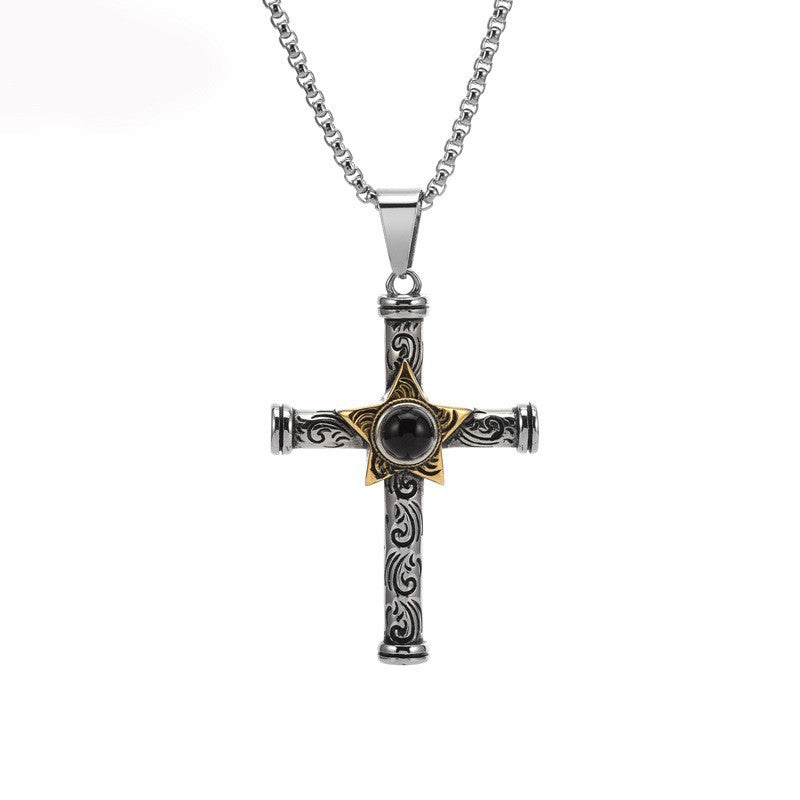 Knights Templar Commandery Necklace - Silver Stainless Steel Cross With Golden Star - Bricks Masons