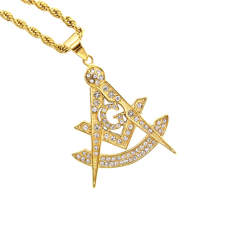 Past Master Blue Lodge Necklace - Quadrant & Square Gold Metal with rhinestones