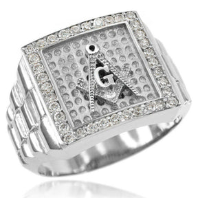 Master Mason Blue Lodge Ring - White Gemstones - Bricks Masons