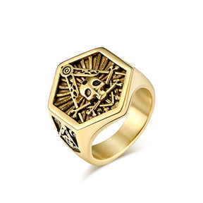 Master Mason, Widows Sons Blue Lodge Ring - Hexagon Gold Skull & Bones - Bricks Masons