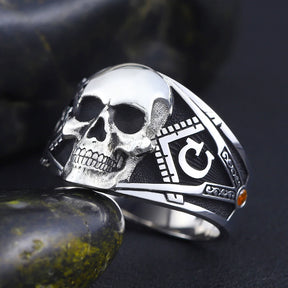 Anillo de la Logia Azul de Maestro Masón - Escuadra y Compás G con Calavera Antigua