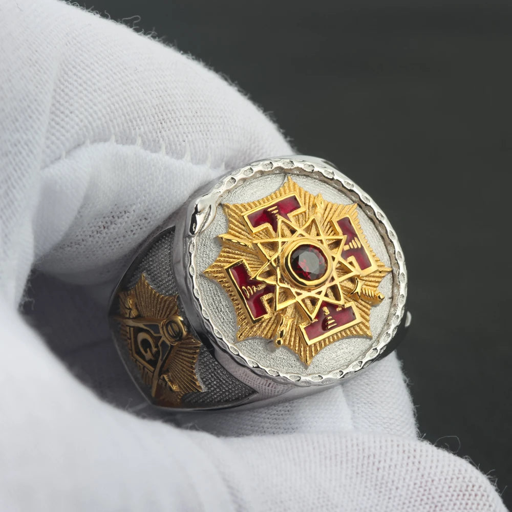 Sovereign Grand Inspector General Scottish Rite Ring - Sterling Silver Gold & Red - Bricks Masons