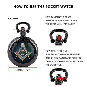 Master Mason Blue Lodge Pocket Watch - Pendant Chain Classic Design Quartz Case - Bricks Masons