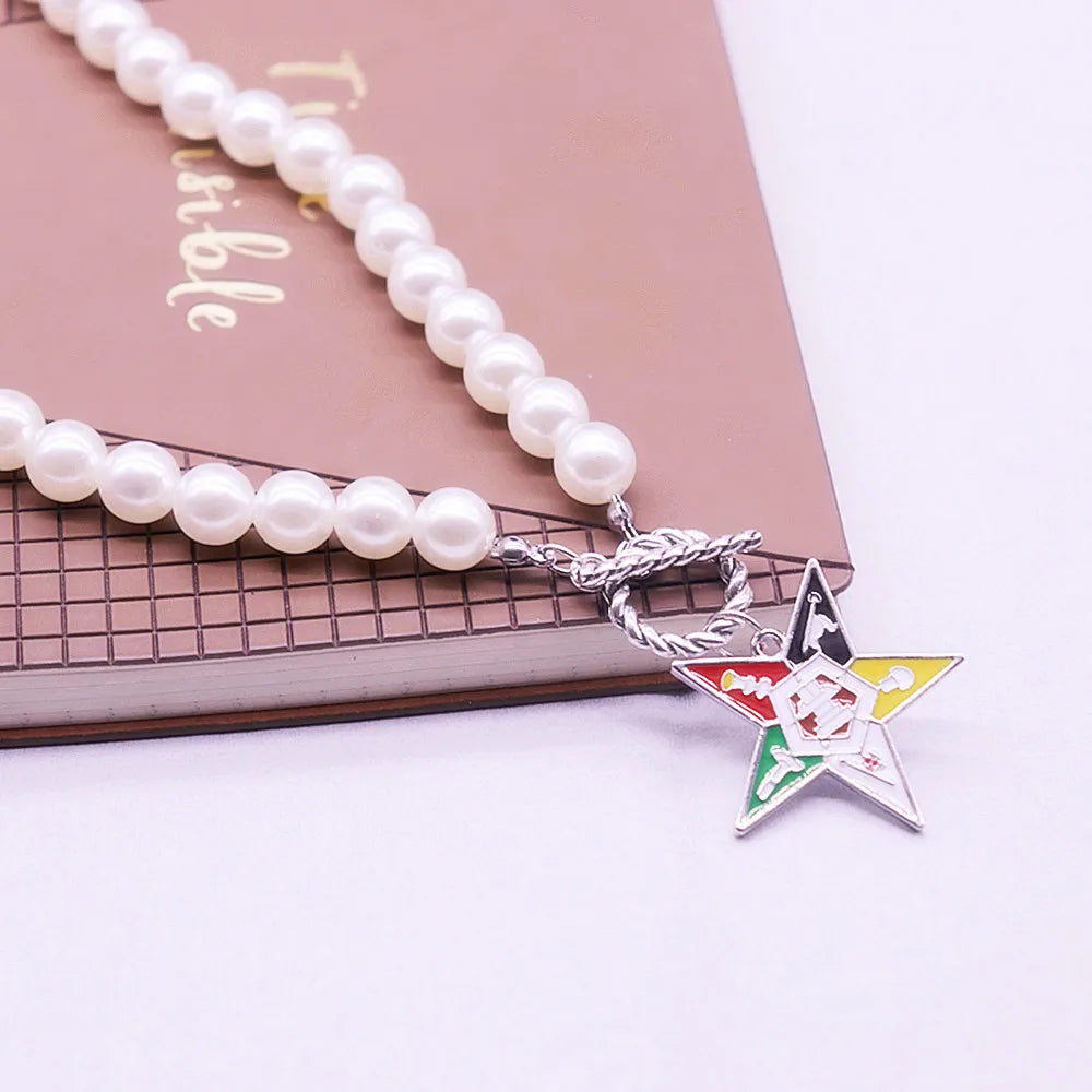 OES Necklace - White Beads With Star Charm - Bricks Masons