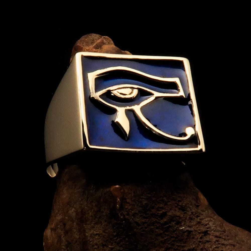 Ancient Egypt Keychain - Blue Squared Eye of Horus Solid Brass - Bricks Masons
