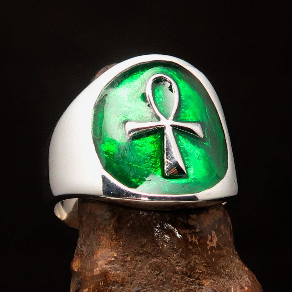 Ancient Egypt Ring - Green Sterling Silver Ankh - Bricks Masons