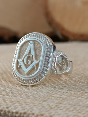 Master Mason Blue Lodge Ring - Silver Square & Compass With G Oval Shape - Bricks Masons