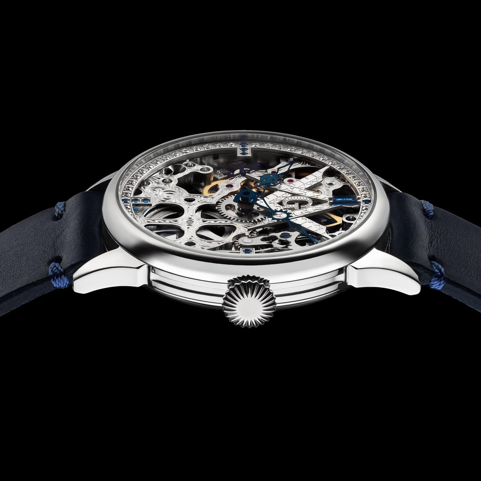 Master Mason Blue Lodge Wristwatch - Silver Skeleton With Stones - Bricks Masons