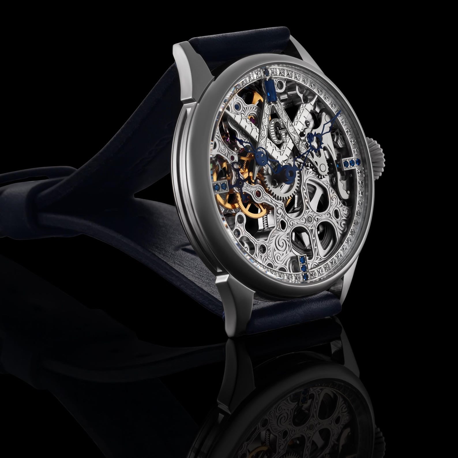 Master Mason Blue Lodge Wristwatch - Silver Skeleton With Stones - Bricks Masons