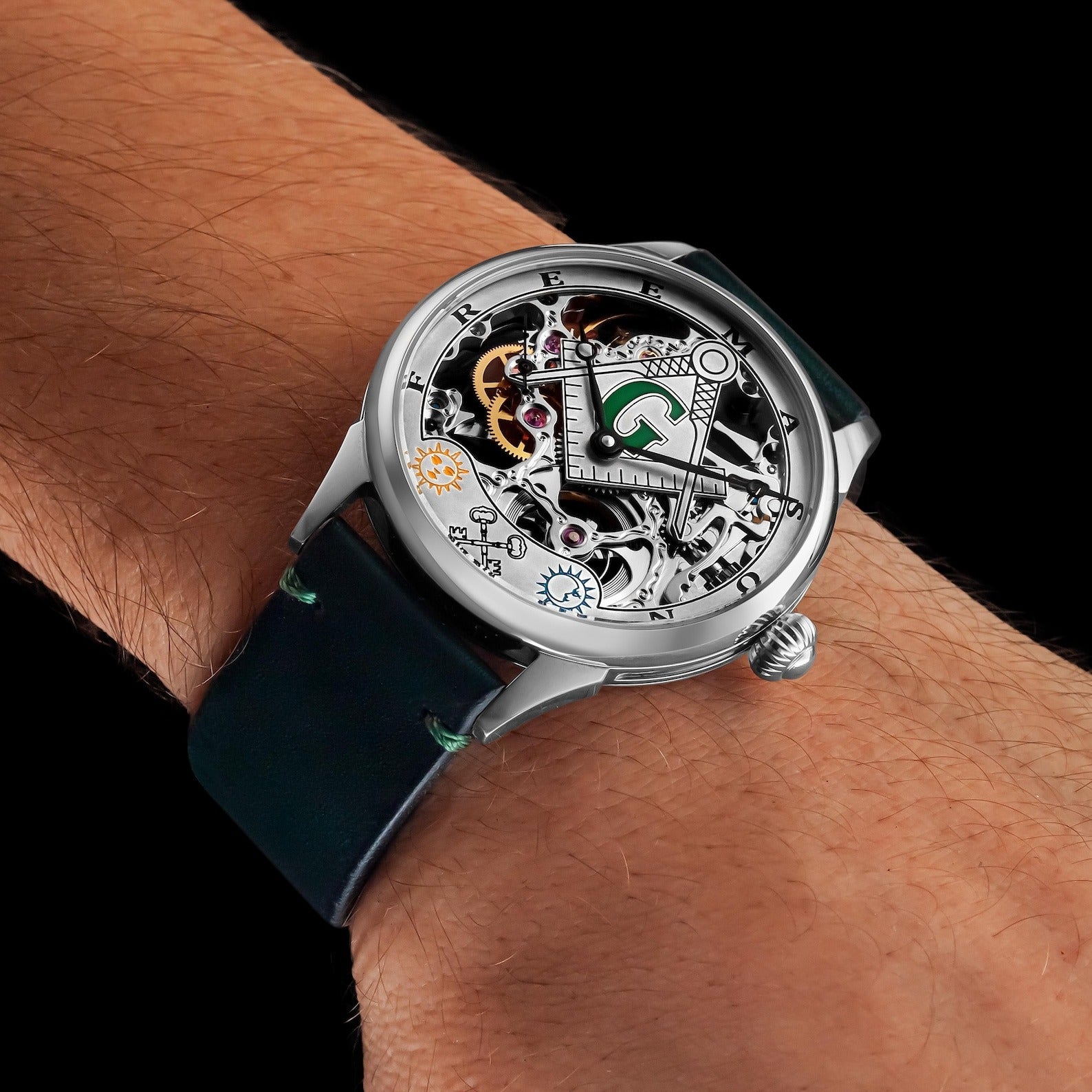 Master Mason Blue Lodge Wristwatch -  Silver Skeleton Dial Intricate Detailing - Bricks Masons