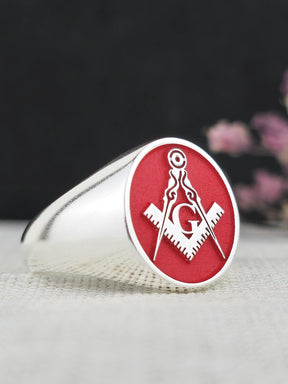 Master Mason Blue Lodge Ring - Red With Silver Square & Compass G - Bricks Masons