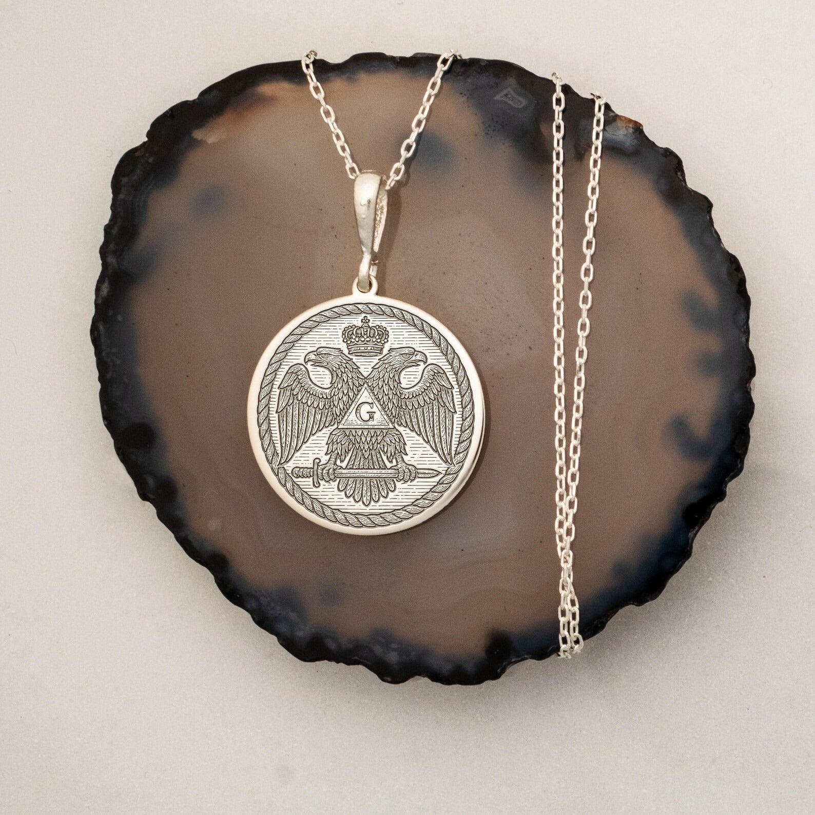 Scottish Rite Necklace - Double-Headed Eagle Wings Down With G - Bricks Masons