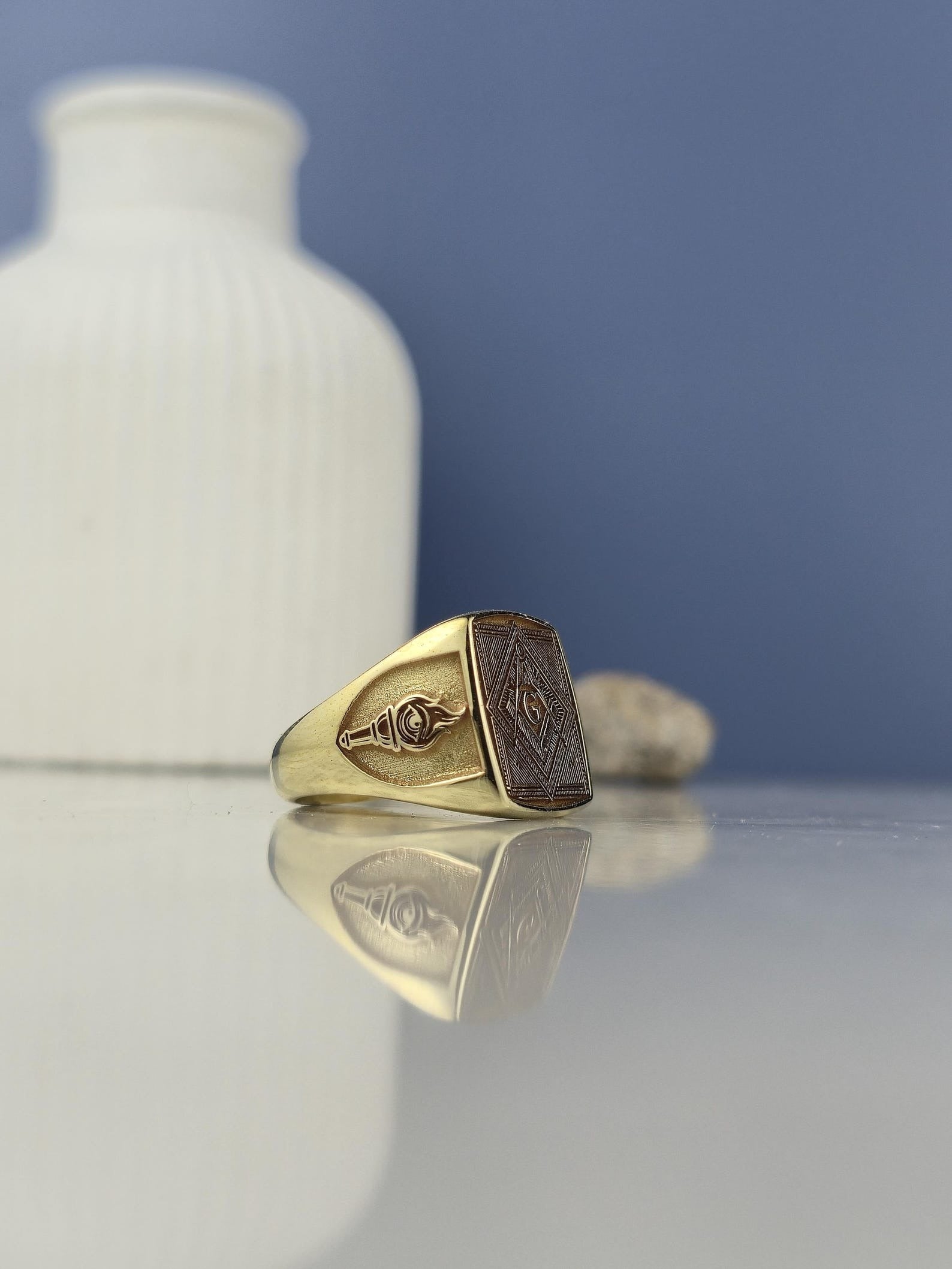 Master Mason Blue Lodge Ring - Torch & Star With Square & Compass - Bricks Masons