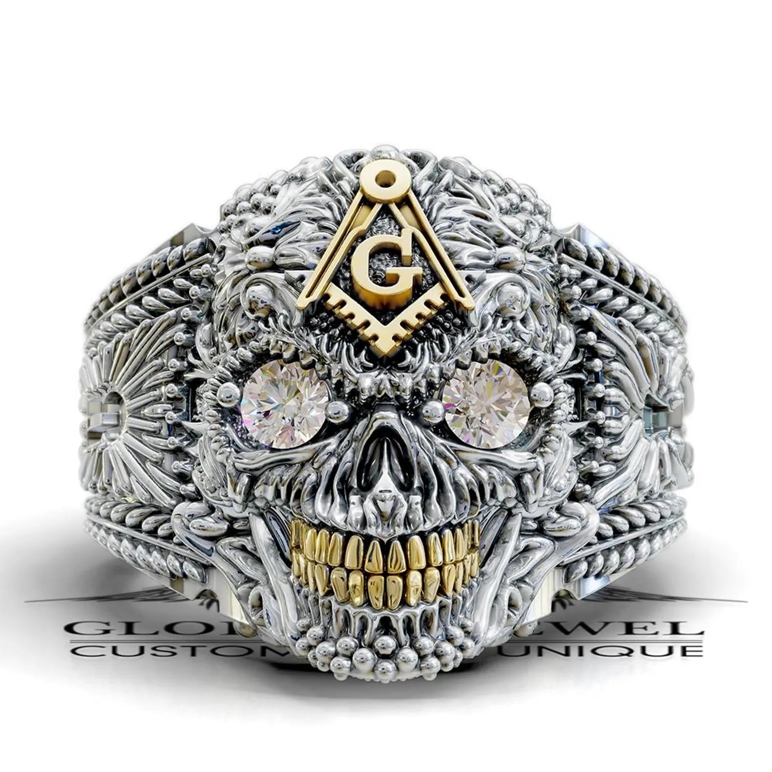 Master Mason Blue Lodge Ring - Skull With Stones S & C - Bricks Masons
