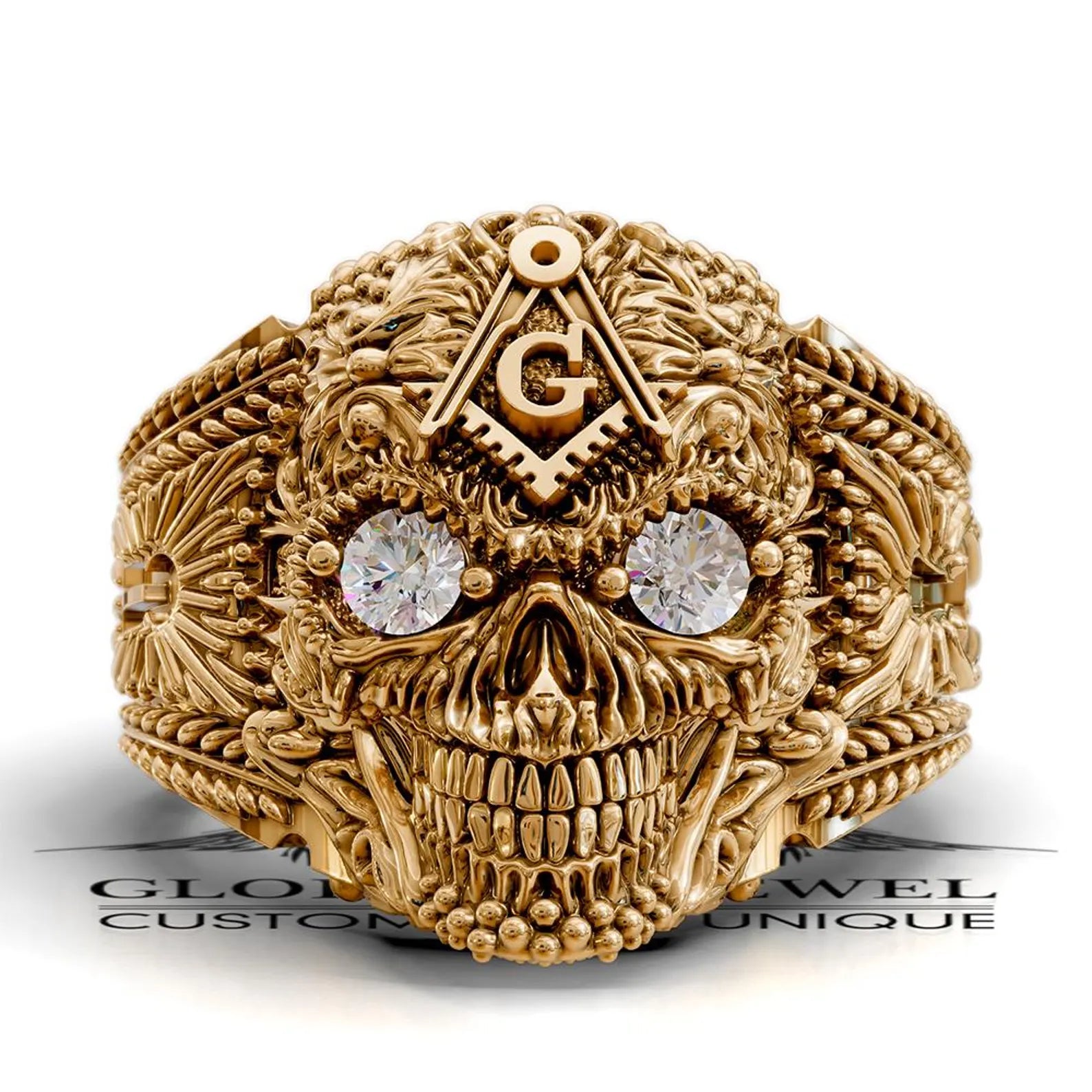 Master Mason Blue Lodge Ring - Skull With Stones S & C - Bricks Masons