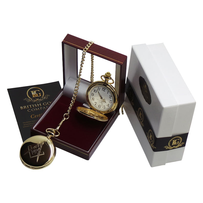 Master Mason Blue Lodge Pocket Watch - 24K Gold Clad Custom Engraving Luxury Gift - Bricks Masons