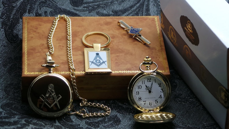 Master Mason Blue Lodge Pocket Watch - With 24k Gold Clad Keyring Tie Clip Gift Set - Bricks Masons