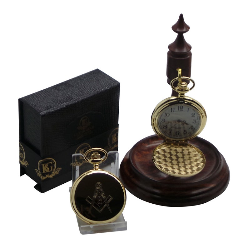 Master Mason Blue Lodge Pocket Watch - Gold and Luxury High Quality Wooden Display Stand Holder Gift Set - Bricks Masons