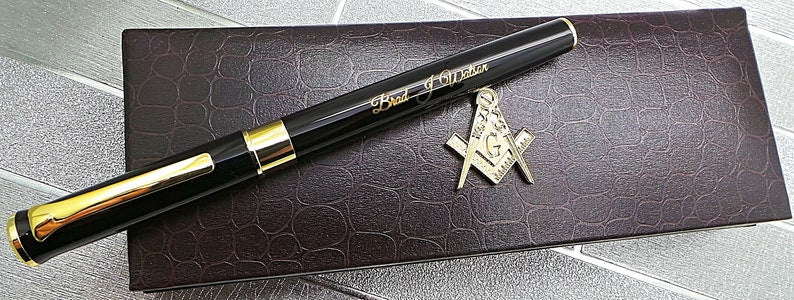 Master Mason Blue Lodge Pen - 24k Gold Clad Engraved Black Ink - Bricks Masons