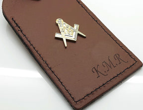 Master Mason Blue Lodge Luggage Tag - Leather Engraved & Gold Emblem - Bricks Masons