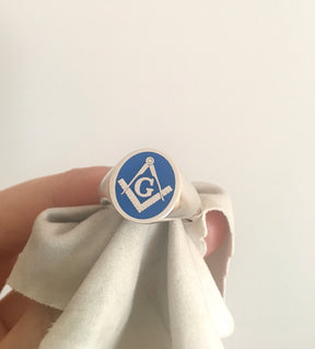 Master Mason Blue Lodge Ring - Sterling Silver & Blue Enamel - Bricks Masons