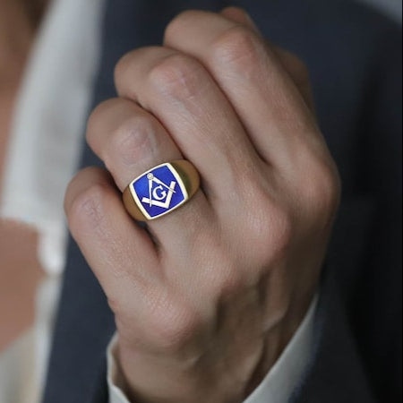 Master Mason Blue Lodge Ring - Solid Gold With Blue Enamel - Bricks Masons