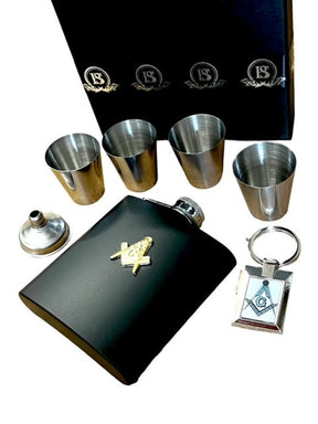 Master Mason Blue Lodge Flask - 7 Piece Luxury Gift Set with Gold Emblem - Bricks Masons