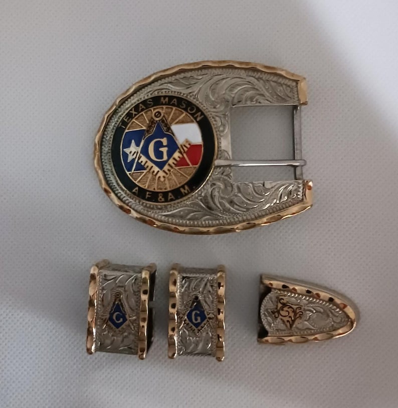Master Mason Blue Lodge Belt Buckle - Ranger Style Buckle Set Texas Mason - Bricks Masons
