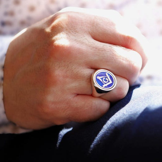 Master Mason Blue Lodge Ring - Solid Gold & Blue Enamel - Bricks Masons