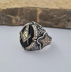 Master Mason Blue Lodge Ring - Sterling Silver Onyx - Bricks Masons