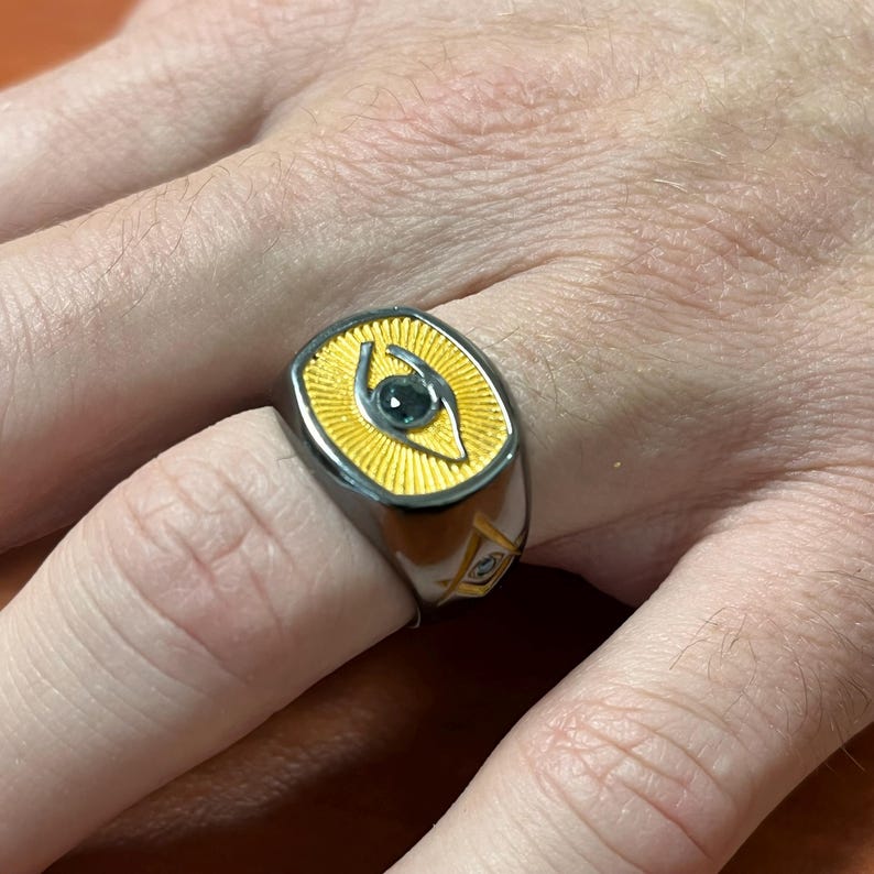Eye of providence Ring - Sapphire Eye Square & Compass Sterling Silver-Sterling silver ring - Bricks Masons