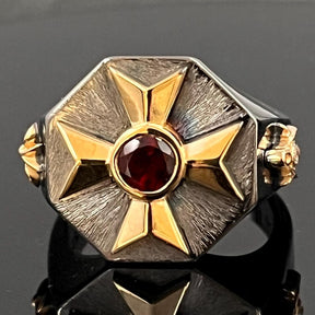 Order Of Malta Ring - Blackened Sterling Silver Garnet & Diamond - Bricks Masons