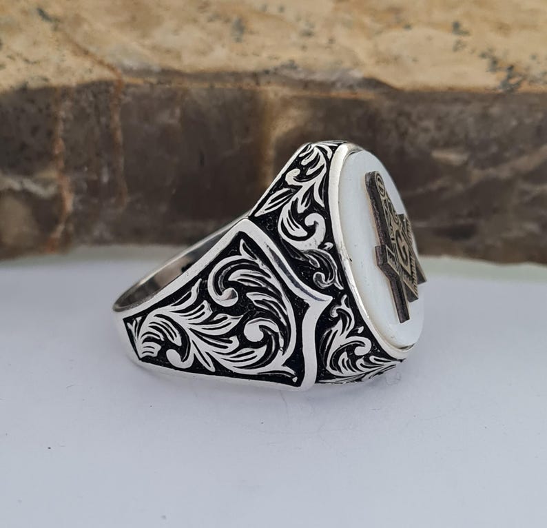 Master Mason Blue Lodge Ring - Handmade Sterling Silver Mother of Pearl - Bricks Masons