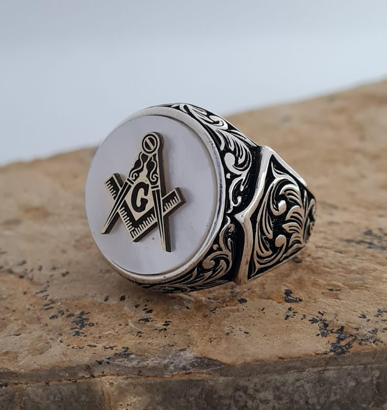 Master Mason Blue Lodge Ring - Handmade Sterling Silver Mother of Pearl - Bricks Masons