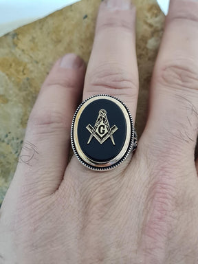 Master Mason Blue Lodge Ring - Sterling Silver Onyx - Bricks Masons