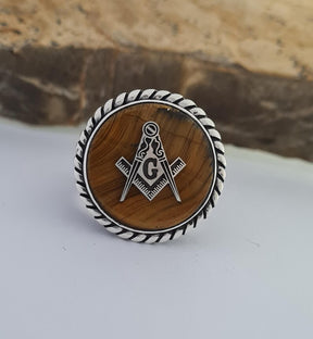 Master Mason Blue Lodge Ring - Tiger Eye 925 Silver - Bricks Masons