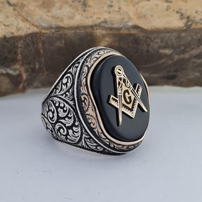 Master Mason Blue Lodge Ring - Handmade Sterling Silver Onyx - Bricks Masons