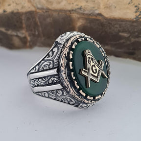 Master Mason Blue Lodge Ring - Handmade Sterling Silver Green Agate - Bricks Masons