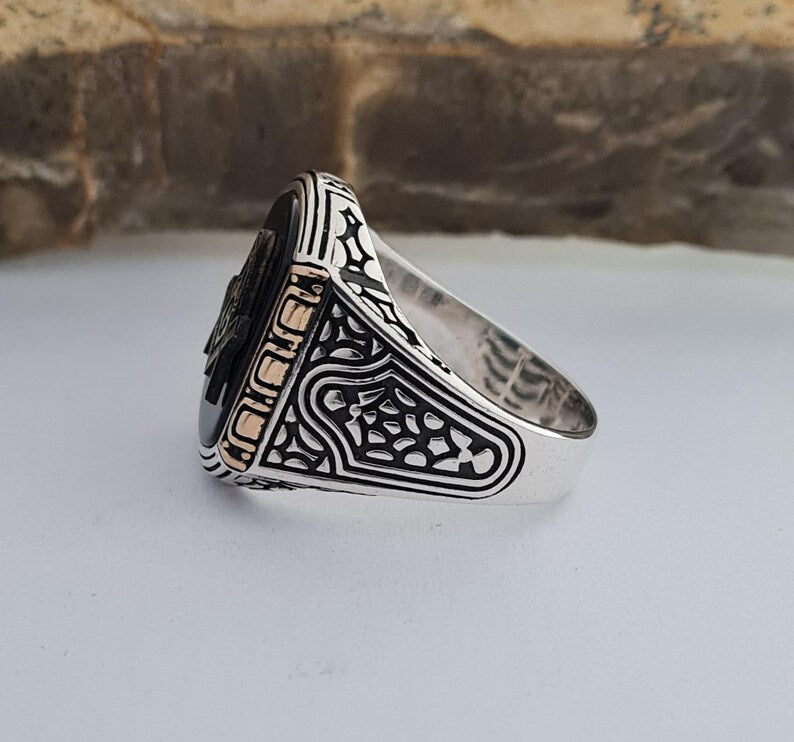 Master Mason Blue Lodge Ring - Handmade Sterling Silver Onyx - Bricks Masons