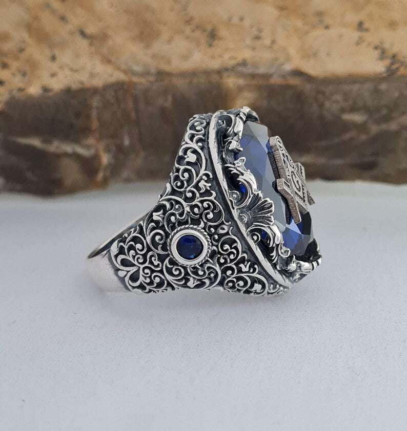 Master Mason Blue Lodge Ring - Blue Sapphire - Bricks Masons