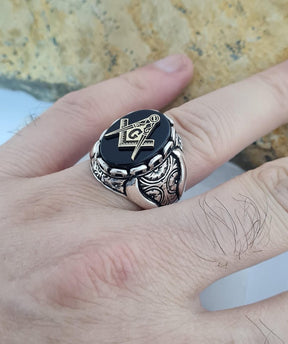 Master Mason Blue Lodge Ring - Black Onyx Freemason Symbol - Bricks Masons