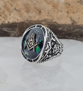 Master Mason Blue Lodge Ring - Mystic Topaz & Cubic Zirconia - Bricks Masons