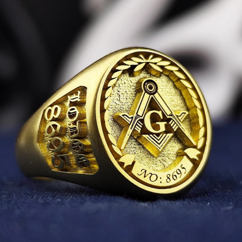 Master Mason Blue Lodge Ring - Sides Customization Signet Gold-Plated - Bricks Masons