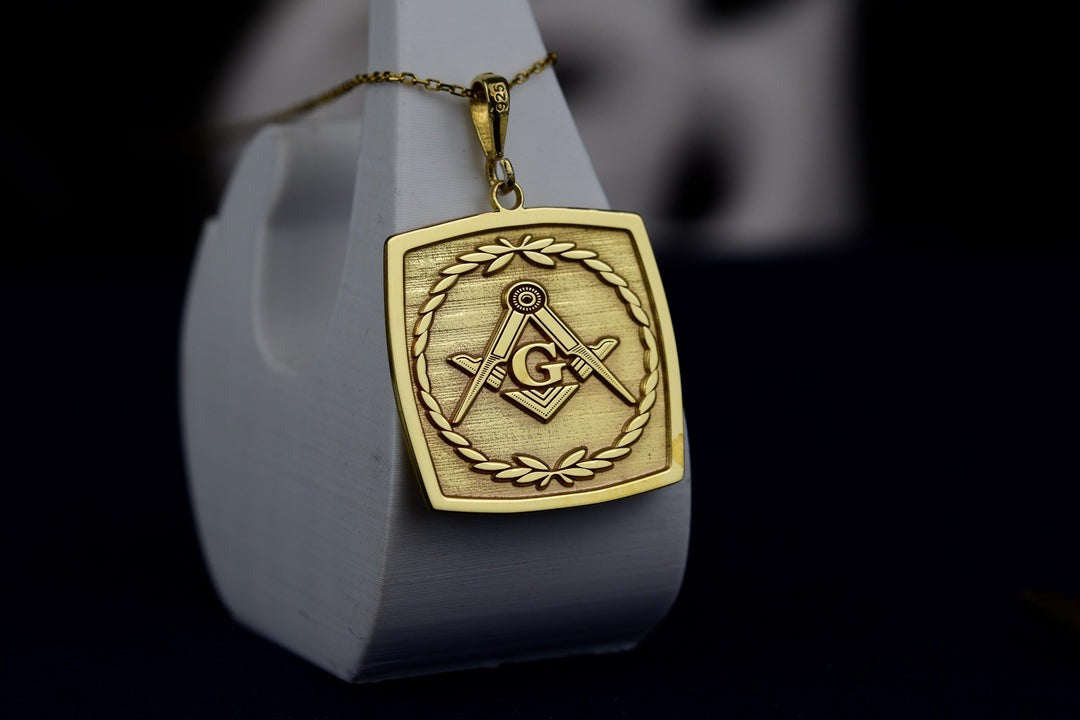 Master Mason Blue Lodge Necklace - Gold Color Square & Compass G Customizable - Bricks Masons