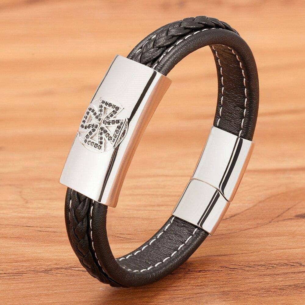Knights Templar Bracelet - Cross Magnetic Leather (Gold/Silver/Black) - Bricks Masons