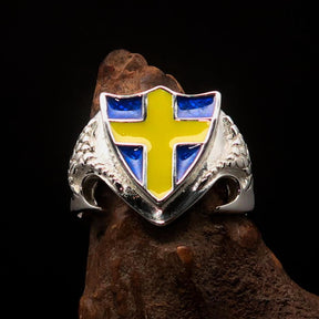 Knights Templar Ring - Flag of Sweden Yellow Cross on Blue Sterling Silver - Bricks Masons