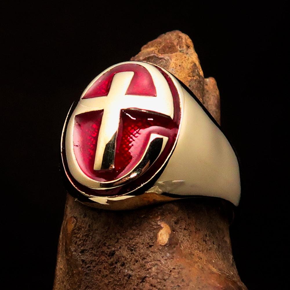 Knights Templar Ring - Gold & Red Cross Solid Brass - Bricks Masons